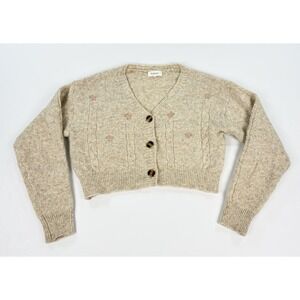 Bohme Beige Floral Embroidered Button Down Crop Cardigan Sweater Women's Small